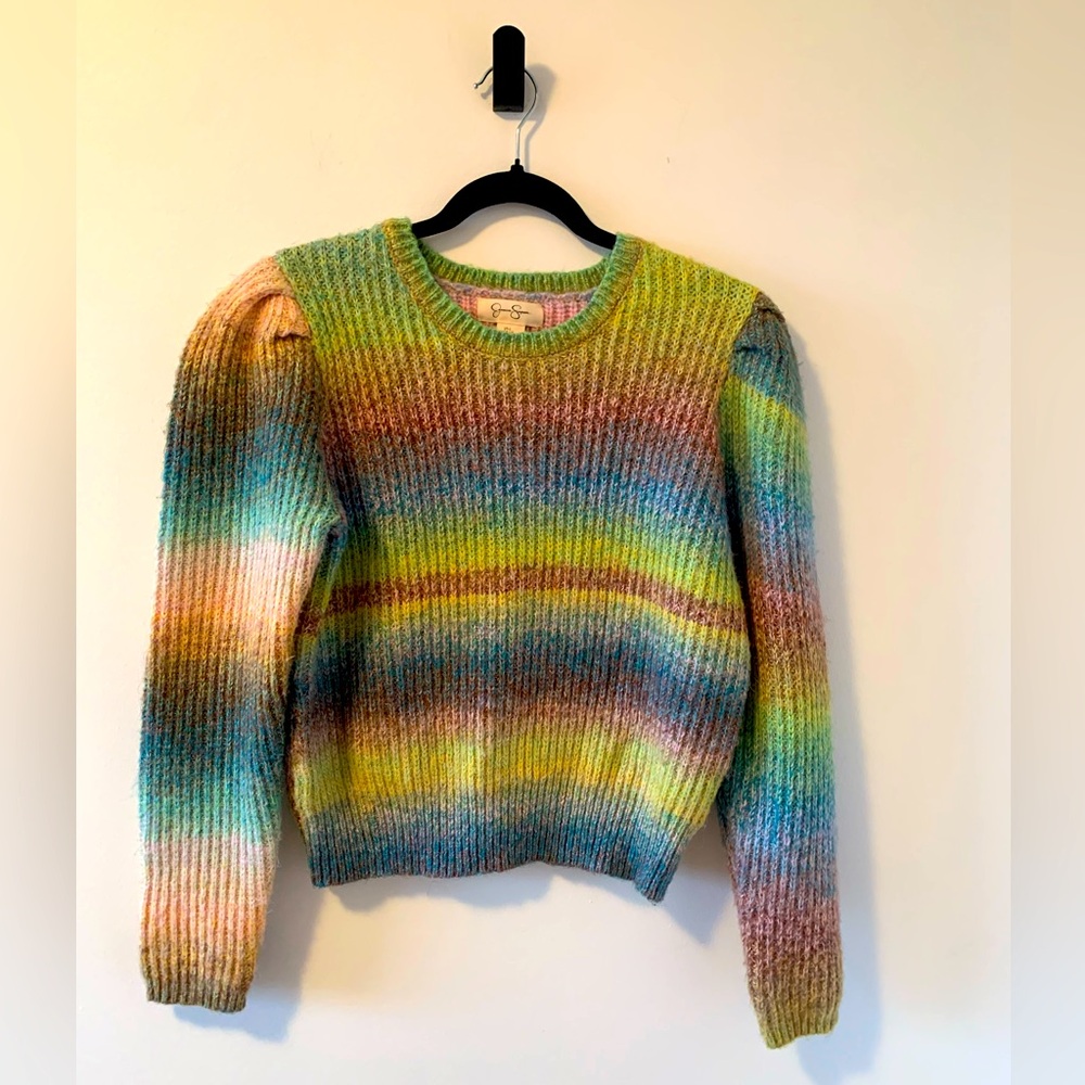 Jessica Simpson Women’s Multicolor Striped Crew Neck Sweater Puff Sleeve size L